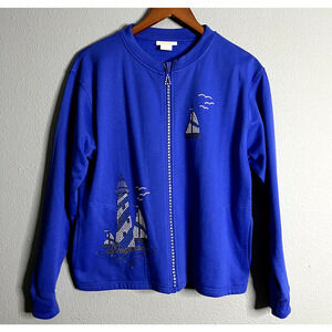 Tia Designs Medium Cotton‎ Jacket Embellished Rhinestones Zip Sailboats Nautical